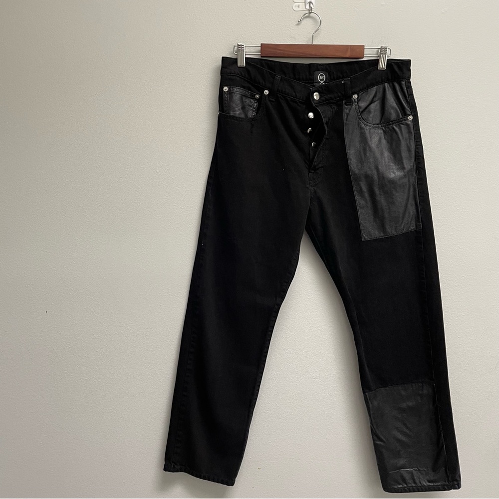 Alexandra McQueen denim jeans baggie boyfriend faux leather patches 12-14 27 It